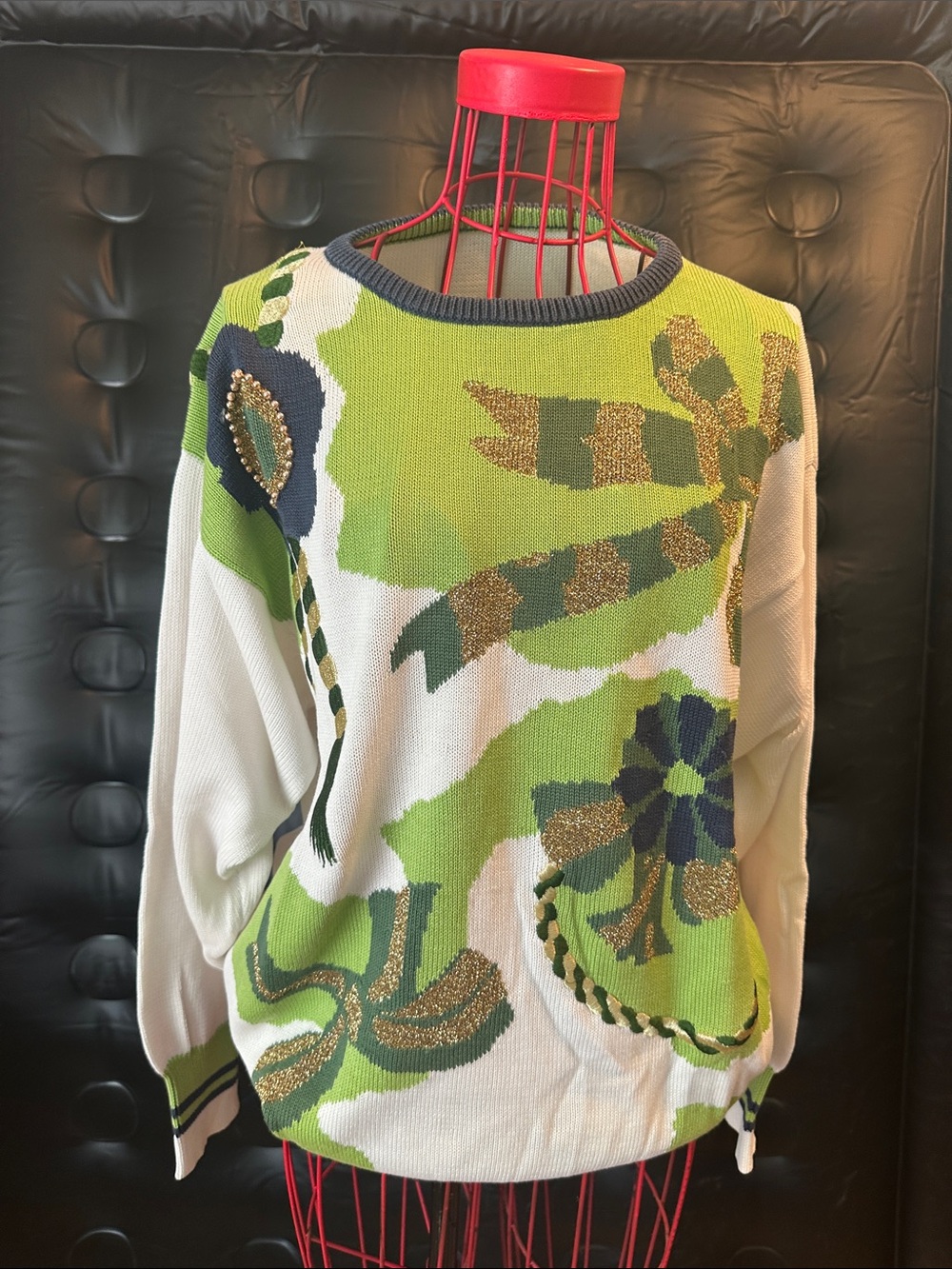 Vintage Green, White & Navy Floral Crewneck Sweater